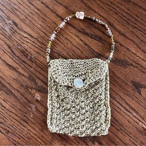 Handmade Vintage Knitted Crochet Green Mini Bag With Beaded Charm Handle